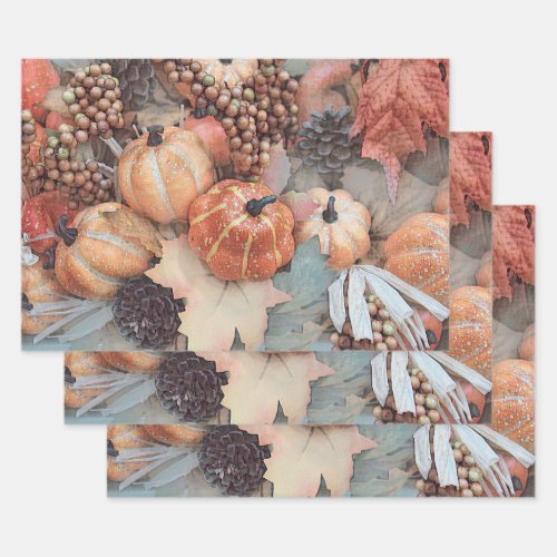 Pumpkin Vintage Antique Orange Gray Fall Art Wrapping Paper Sheets