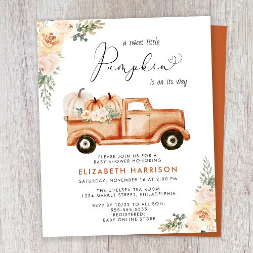 Pumpkin Vintage Truck Baby Shower Invitation