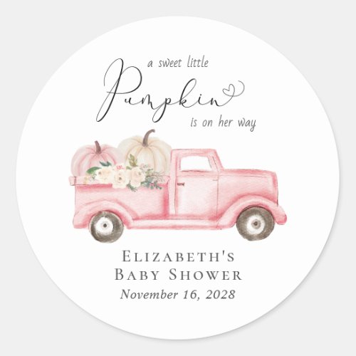 Pumpkin Vintage Truck Floral Baby Girl Shower Classic Round Sticker