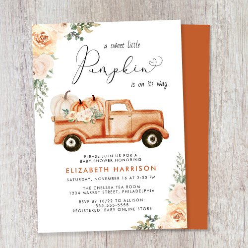 Pumpkin Vintage Truck Watercolor Baby Shower Invitation
