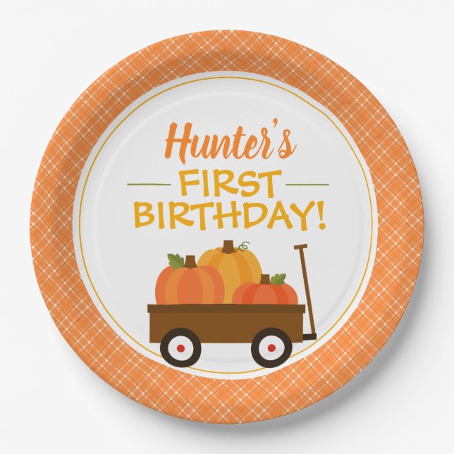 Pumpkin Wagon Fall Birthday Party Paper Plates (Front)