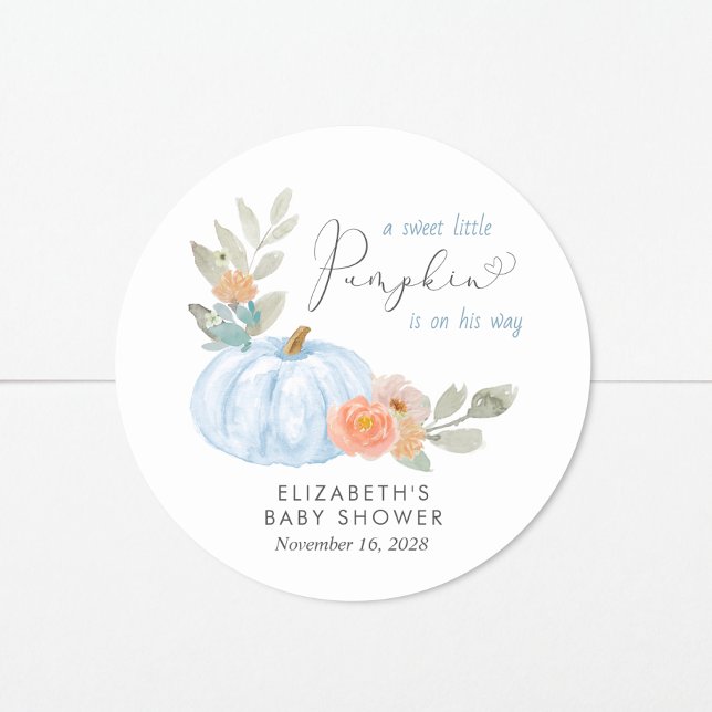 Pumpkin Watercolor Baby Boy Shower Classic Round Sticker (Creator Uploaded)