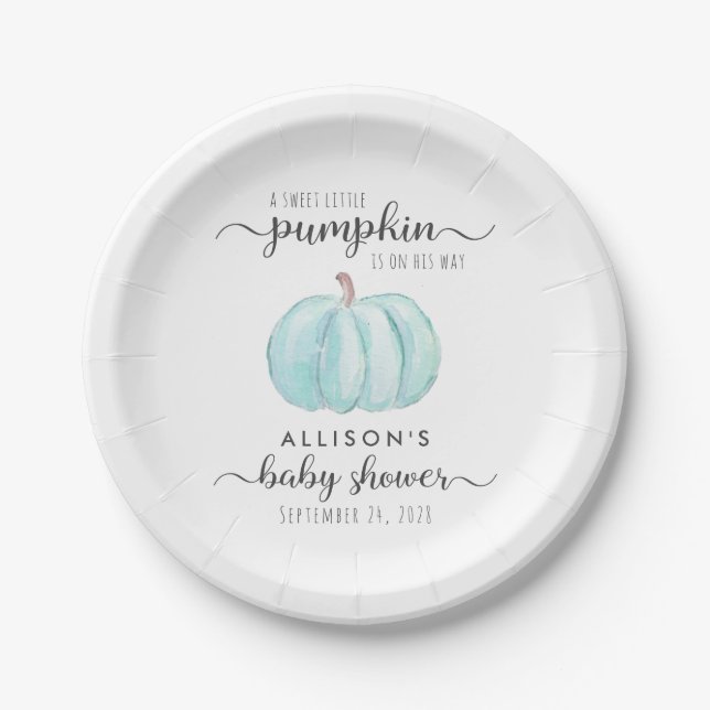 Pumpkin Watercolor Baby Boy Shower Paper Plates (Front)