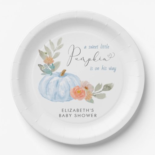Pumpkin Watercolor Baby Boy Shower Paper Plates