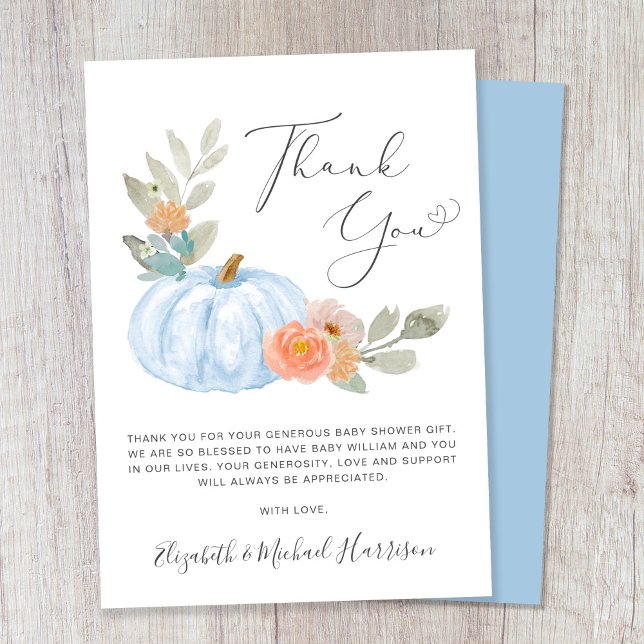 Pumpkin Watercolor Baby Boy Shower Thank You Card (Creator Uploaded)