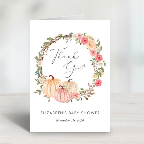 Pumpkin Watercolor Baby Girl Shower Thank You Card