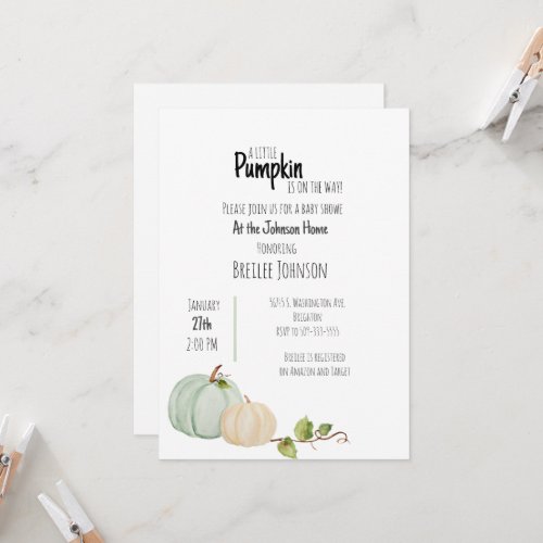 Pumpkin Watercolor Baby Shower Invitation