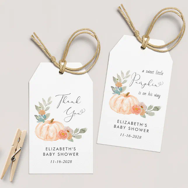 Pumpkin Watercolor Baby Shower Thank You Gift Tags | Zazzle
