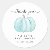 Pumpkin Watercolor Blue Baby Shower Thank You Classic Round Sticker