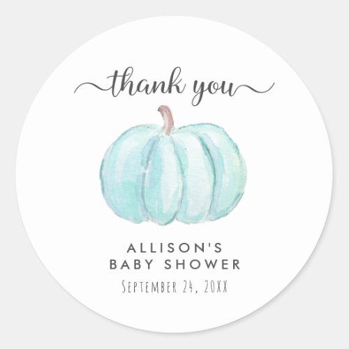 Pumpkin Watercolor Blue Baby Shower Thank You Classic Round Sticker