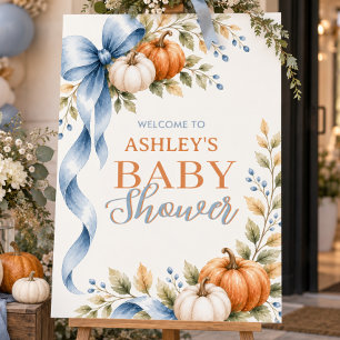 Pumpkin Watercolor Blue Baby Shower Welcome Sign