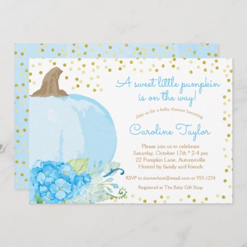 Pumpkin Watercolor Blue Gold Fall Baby Boy Shower Invitation