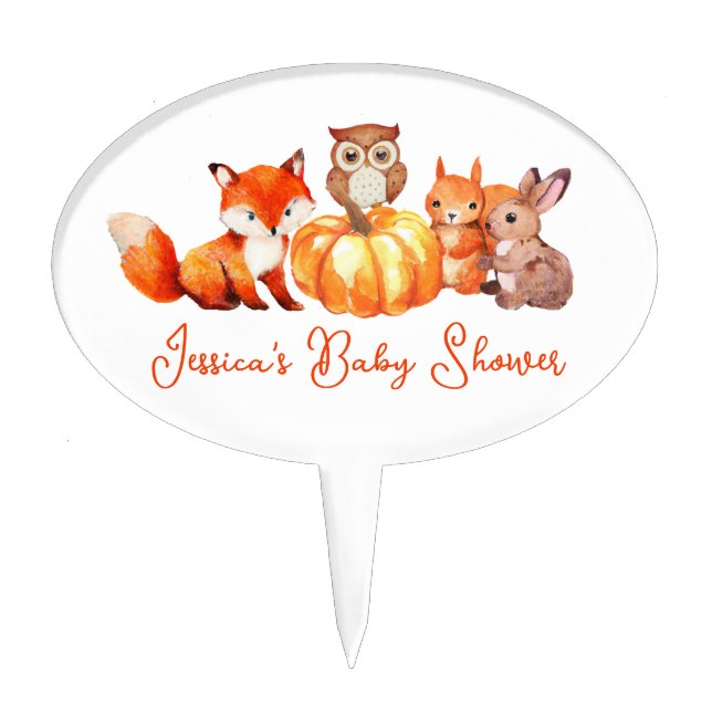 Pumpkin Watercolor Cute Animals Script Baby Shower Cake Topper (Front)