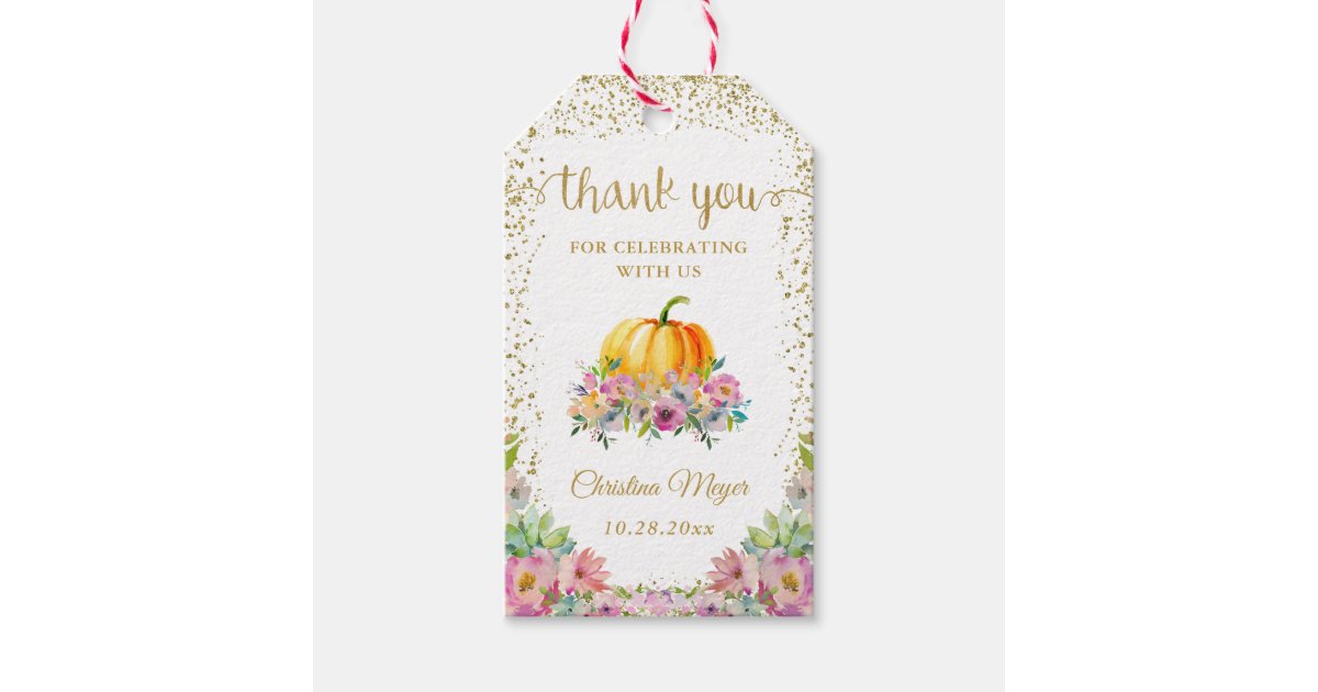 Pumpkin Watercolor Floral Fall Thank You Gift Tags | Zazzle