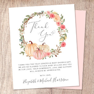 Pumpkin Watercolor Girl Baby Shower Thank You Card