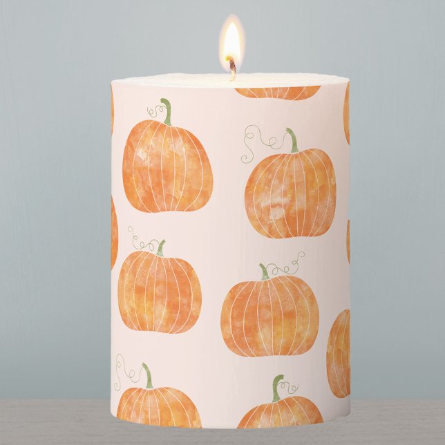Pumpkin Watercolor Pattern Pillar Candle (Pumpkin watercolor pattern burnt orange and blush pink pillar candle)