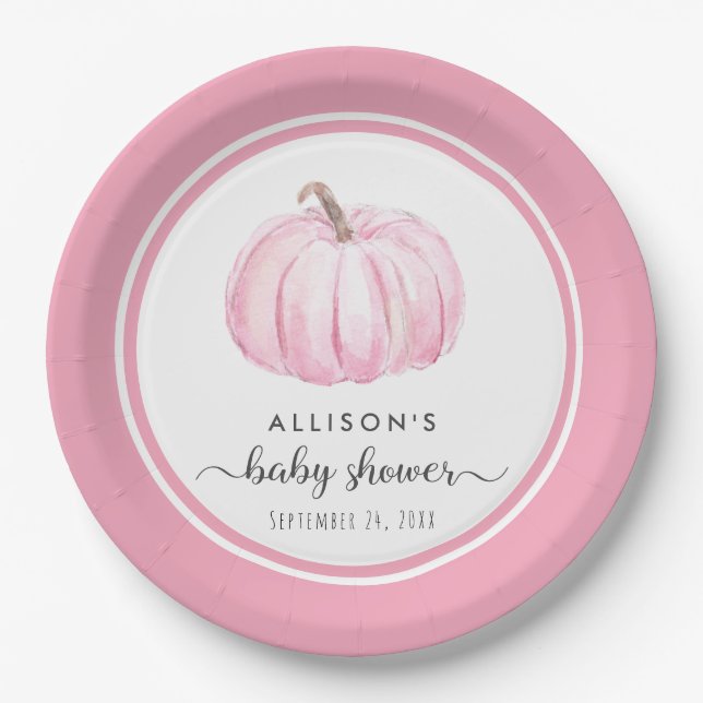 Pumpkin Watercolor Pink Baby Girl Shower Paper Plates (Front)