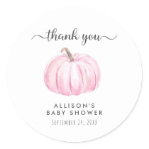 Pumpkin Watercolor Pink Baby Shower Thank You Classic Round Sticker