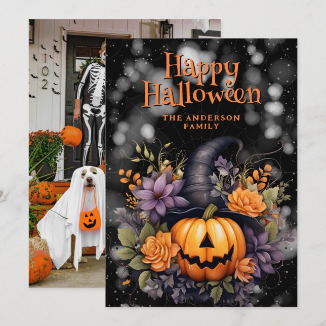 Pumpkin Wearing A Hat Floral Photo Halloween Card (Front/Back)