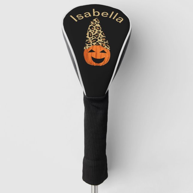 Pumpkin Wearing A Leopard Hat Golf Head Cover (Front)