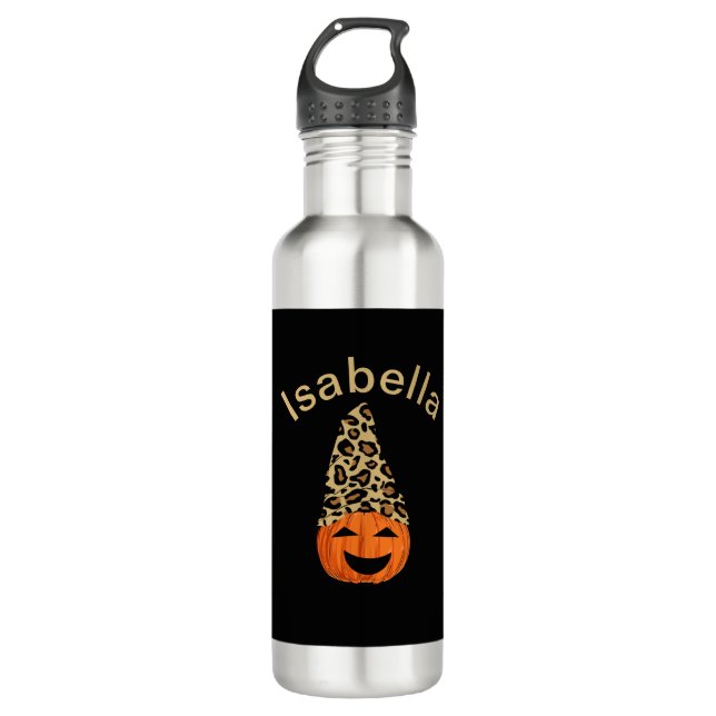 Pumpkin Wearing A Leopard Hat Stainless Steel Water Bottle (Front)