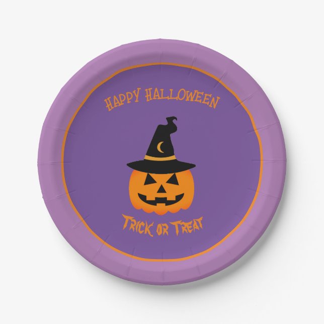 Pumpkin Wearing A Witch's Hat Happy Halloween  Paper Plates (Front)