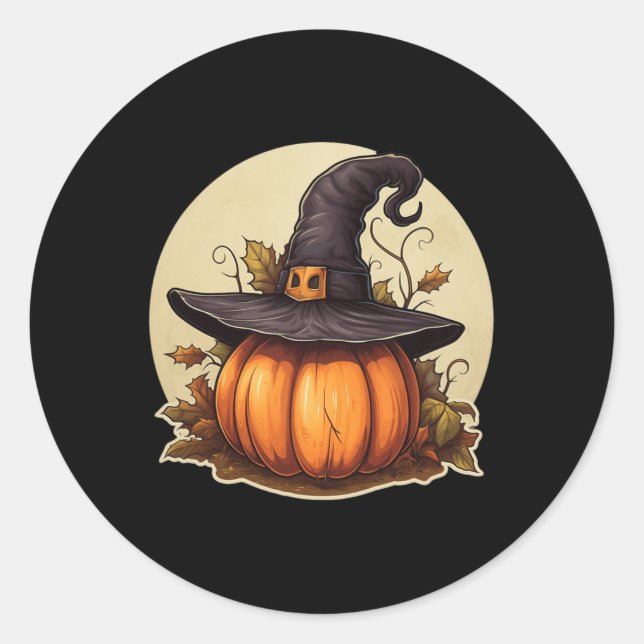 Pumpkin Wearing Witch Hat Costume Halloween Classic Round Sticker (Front)