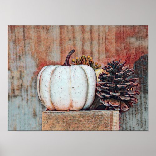 Pumpkin White Autumn Rustic Country Farmhouse Poster