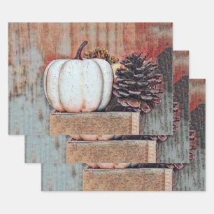 Pumpkin White Autumn Rustic Country Farmhouse Wrapping Paper Sheets