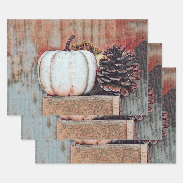 Pumpkin White Autumn Rustic Country Farmhouse Wrapping Paper Sheets (Set)