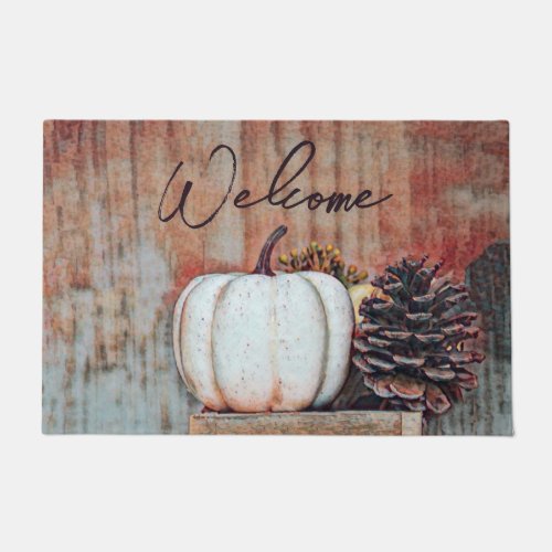 Pumpkin White Autumn Rustic Farmhouse Welcome Doormat