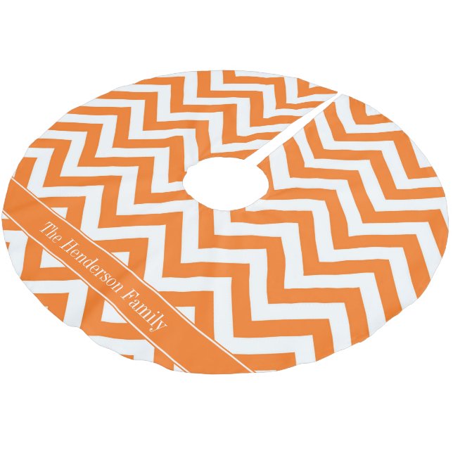 Pumpkin White Chevron, Pumpkin Name Monogram Brushed Polyester Tree Skirt (Angled)