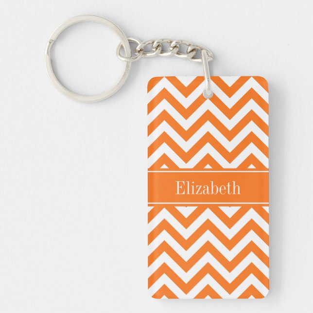 Pumpkin White Chevron, Pumpkin Name Monogram Keychain (Front)
