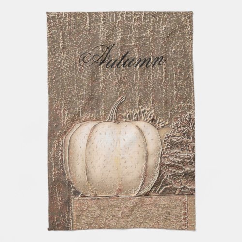 Pumpkin White Gold Metallic Elegant Fall Country Kitchen Towel