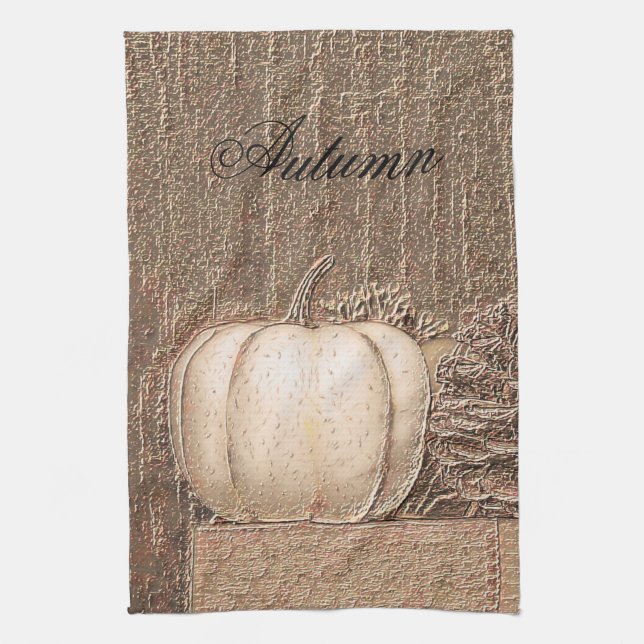 Pumpkin White Gold Metallic Elegant Fall Country Kitchen Towel (Vertical)