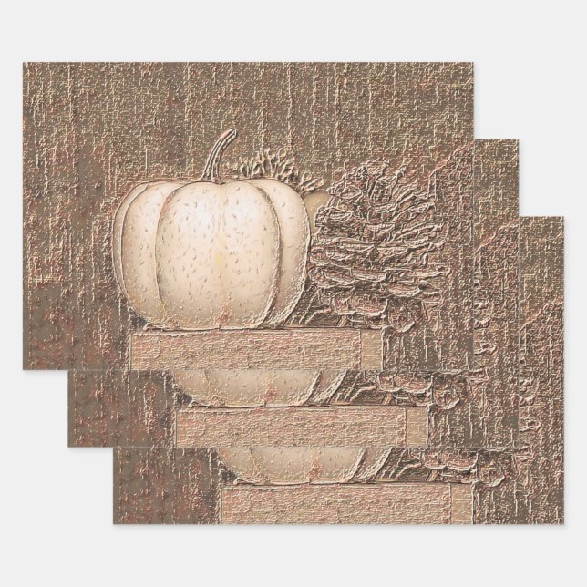 Pumpkin White Gold Metallic Elegant Fall Decoupage Wrapping Paper Sheets (Set)