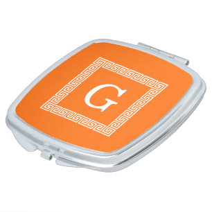 Pumpkin, White Greek Key #1 Framed Monogram Compact Mirror