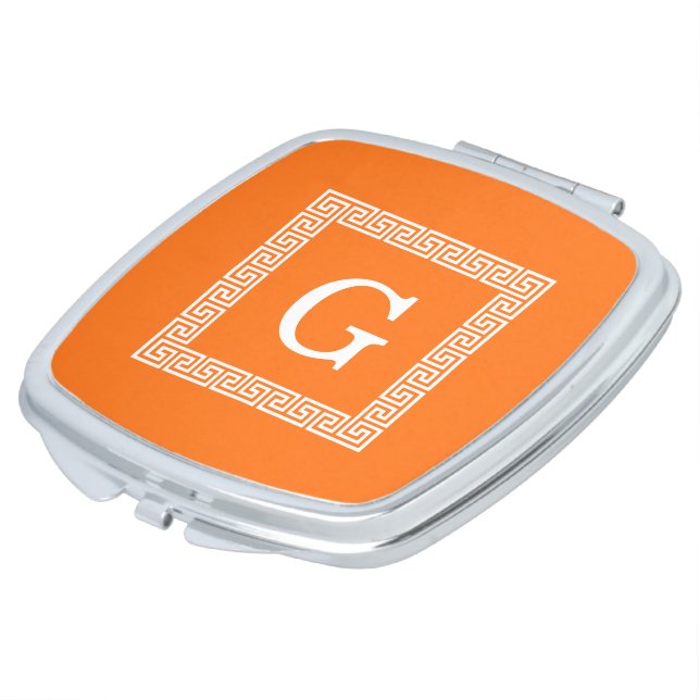 Pumpkin, White Greek Key #1 Framed Monogram Compact Mirror (Turned)