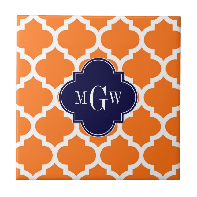 Pumpkin White Moroccan #5 Navy 3 Initial Monogram Ceramic Tile (Front)