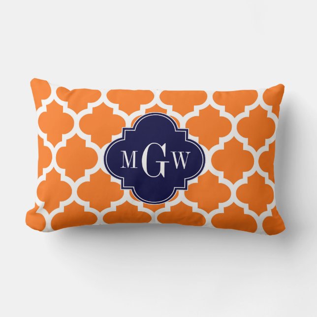 Pumpkin White Moroccan #5 Navy 3 Initial Monogram Lumbar Pillow (Front)