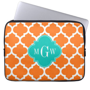 Pumpkin White Moroccan #5 Teal 3 Initial Monogram Laptop Sleeve