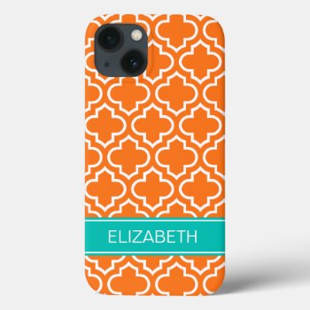 Pumpkin White Moroccan #6 Teal Name Monogram Iphone 13 Case by FantabulousCases at Zazzle
