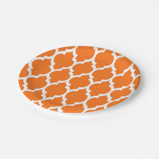 Pumpkin White Moroccan Quatrefoil Pattern #4 Paper Plates (Angled)