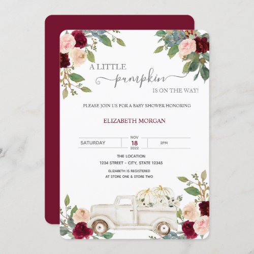 Pumpkin White Truck Burgundy Flowers Baby Shower  Invitation