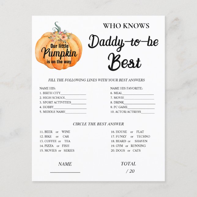 Pumpkin Who knows Daddy Baby Shower Game (Front)