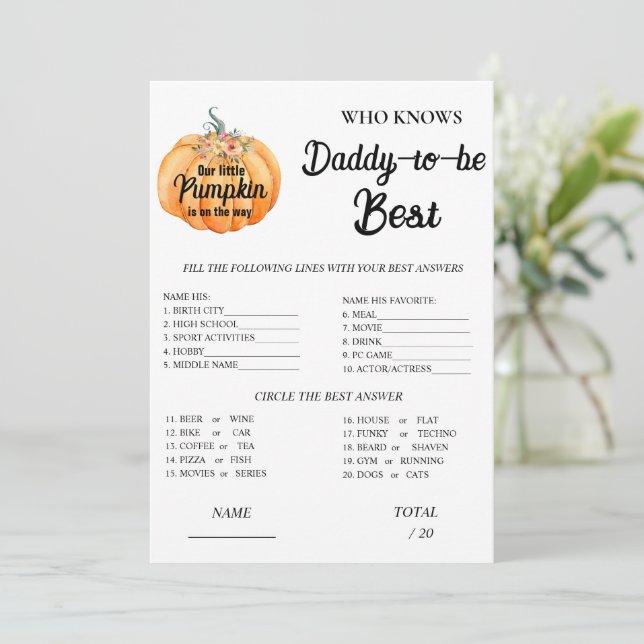 Pumpkin Who knows Daddy Baby Shower Game Invitation (Standing Front)