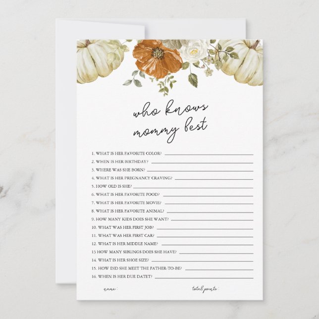 Pumpkin Who Knows Mommy Best Baby Shower Card (Front)
