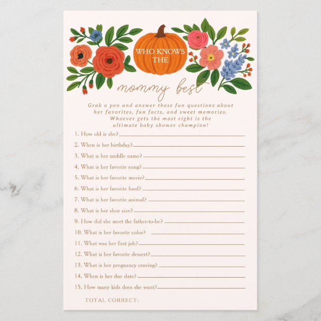 Pumpkin Who Knows Mommy Best Baby Shower Game (Front)