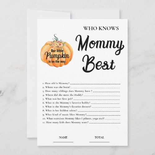 Pumpkin Who knows Mommy Best Baby Shower Game Invitation