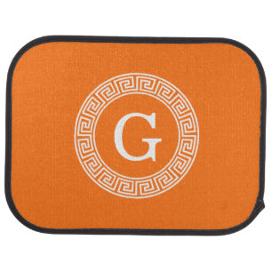 Pumpkin Wht Greek Key Rnd Frame Initial Monogram Car Floor Mat